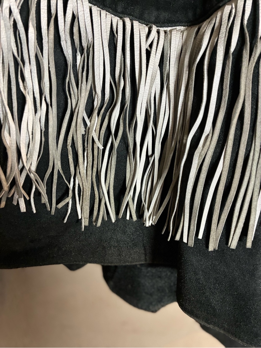 Fringed Suede Leather Jacket in Dark Gray with White Fringe - Picture 14 of 16